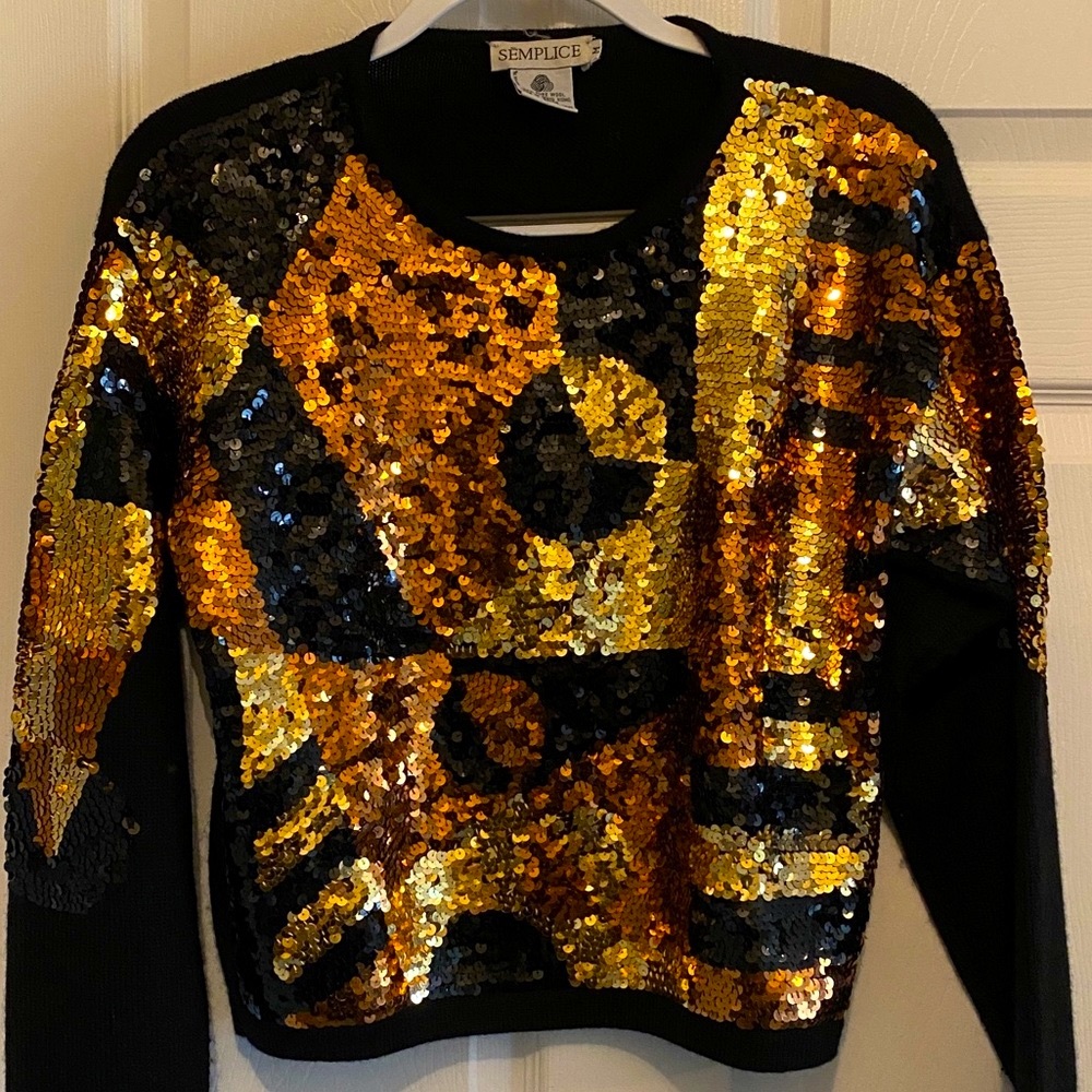 Vintage Semplice Sequin Metallic Front Design Black Wool Cropped Sweater EUC Med